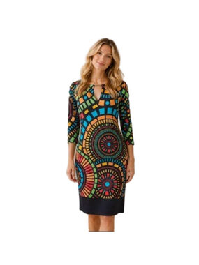 Joseph Ribkoff Sheath Dress Black Multicolor Geo Medallion Mosaic Sheath Sz 12